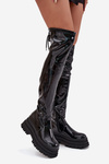 Glossy Knee High Boots On A Chunky Platform Black Ravela