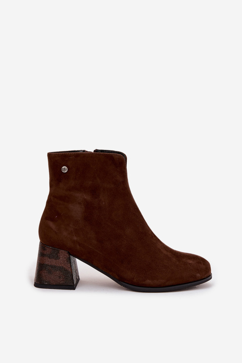 Damskie Botki Zamszowe Skórzane Obcas Słupek Czekoladowe Maciejka K7202-02