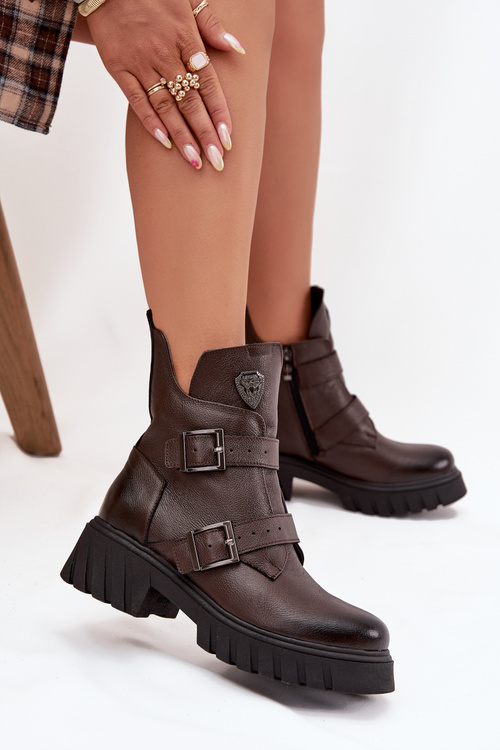 Leather Insulated Women's Boots With Buckles And Ornamental Detail Zazoo 60482 Chocolate