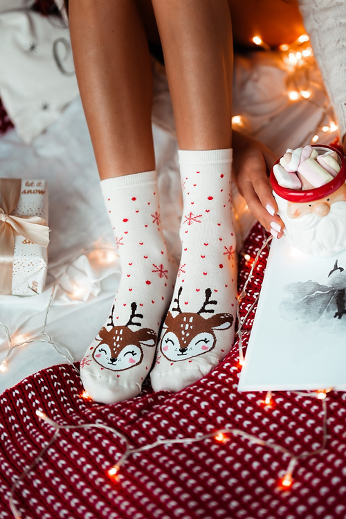 Christmas Women's Socks Reindeer Ecru