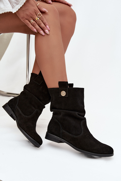 Leather Suede Women's Ankle Boots with Gathering Insulated Zazoo 4210 Black