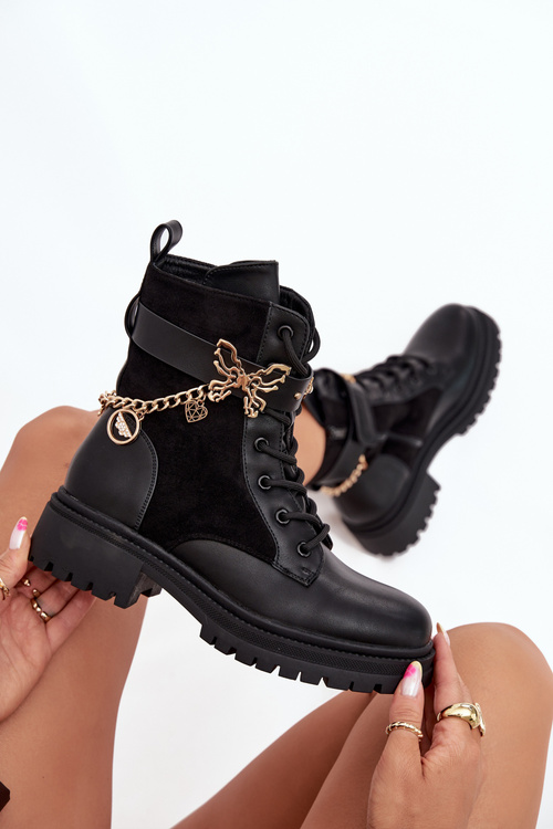 Women's Work Boots Insulated With Gold Chain And Charms Black Vessara