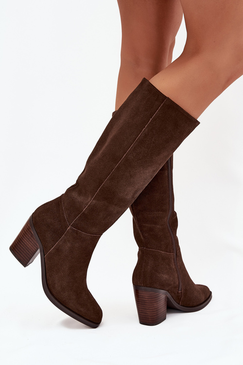 Suede Knee High Boots With Zip Chocolate Lissara