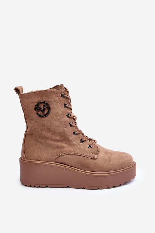 Workery Botki Zamsz Masywna Platforma Koturn Beżowe Lavica 16415