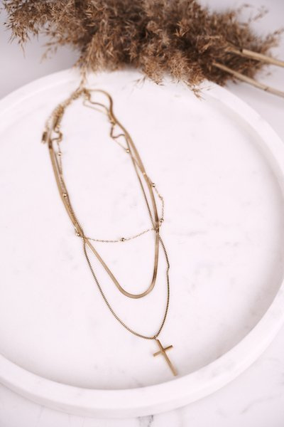 Women's Triple Necklace with Cross Gold Triple