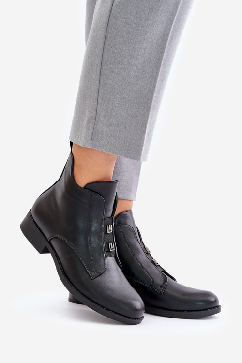 Botki Eko Skórzane Ocieplane Płaski Obcas Damskie Czarne S.Barski HY42-716