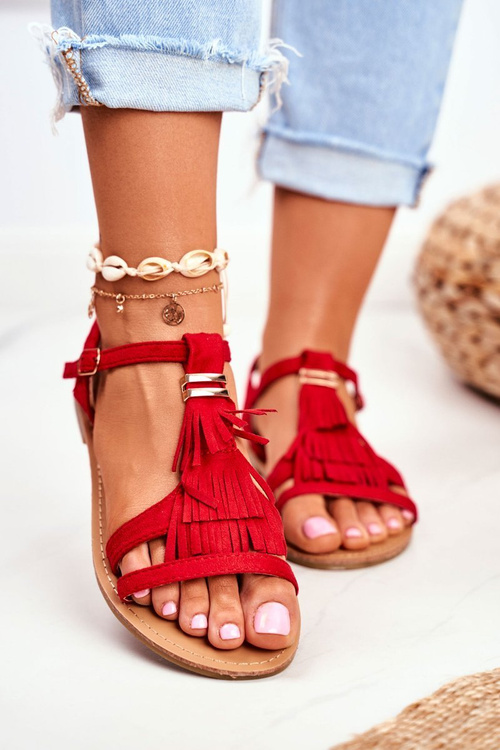 Women's Flat Suede Sandals Boho Red Lucami
