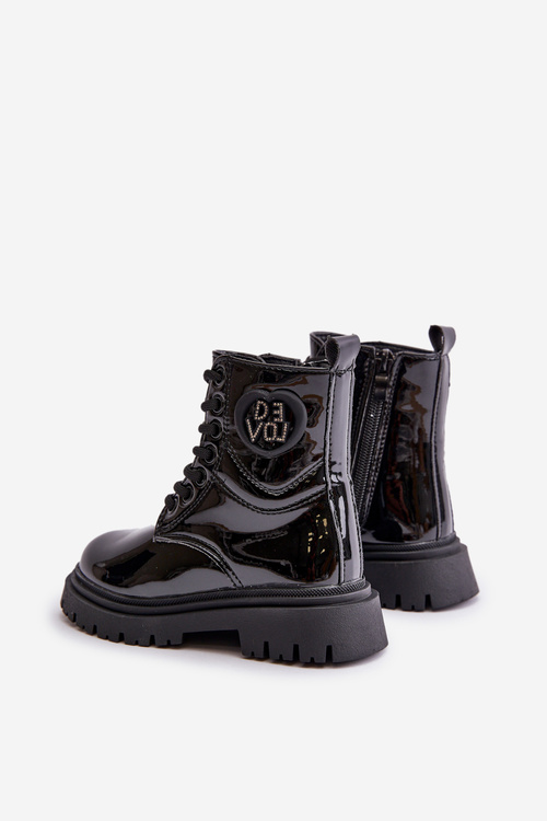 Botki Dziewczęce Lakierowane Ocieplane Futerkiem Zamek Czarne Evaliraea