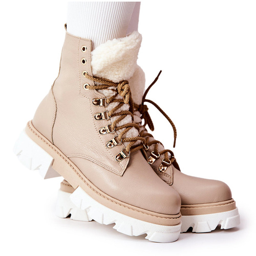 Padded Leather Worker Boots Beige Lecolly
