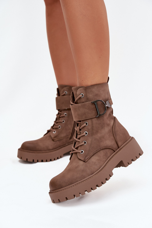 Women's Workery Boots with Lining with Decorative Strap Dark Beige Ulivine