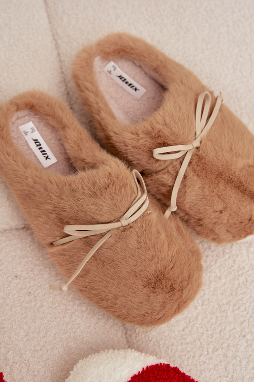 Furry slippers with bow Camel Minella