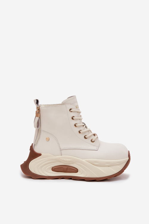 Damskie Botki Skóra Naturalna Ocieplane Na Platformie Jasnobeżowe GOE SS2N4300