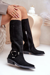 Kozaki Przed Kolano Zamszowe Niski Obcas Ozdoba Kowbojki Czarne Zazoo 3656