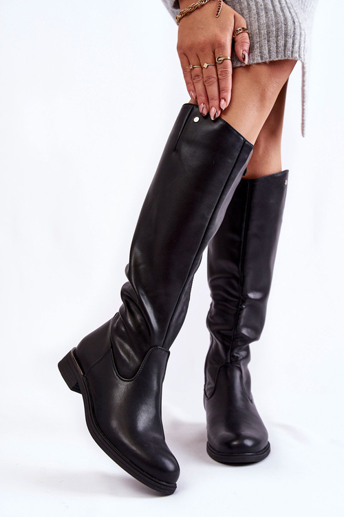 Women's Leather Flat Boots Black Asturio