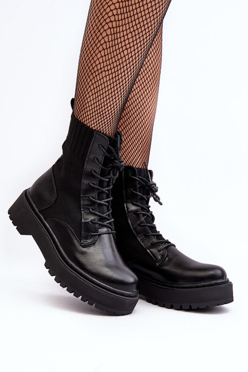 Women's Lace-up Ankle Boots with Sock Black Dedinva