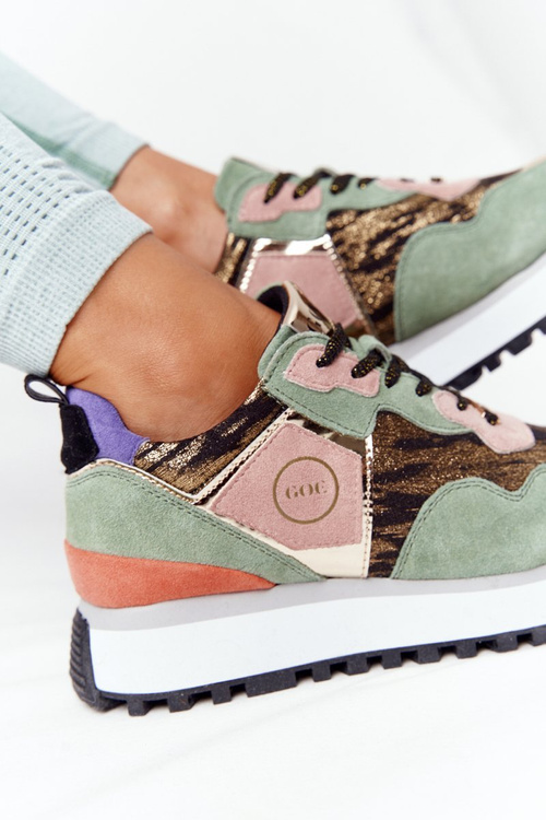 Zamszowe Sportowe Buty Na Platformie GOE HH2N4002 Zielono-Złote