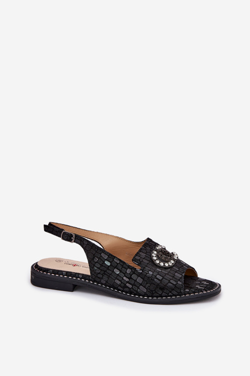 Leather Sandals With Decoration On Flat Heel S.Barski KV51-096 Black