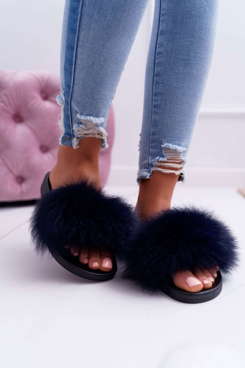 Women's Flip Flops with Natural Fur Navy Blue Naturis