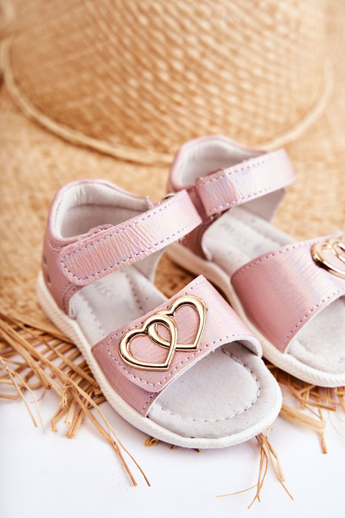 Leather Children's Sandals With Velcro Pink Catia
