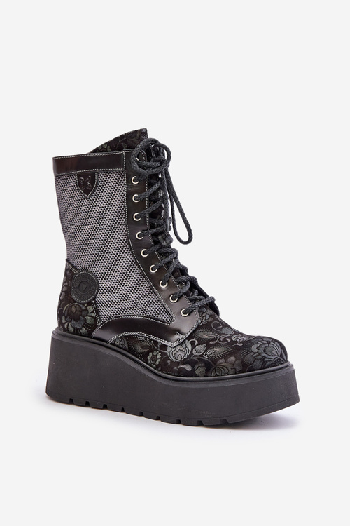 Leather Ankle Boots On Platform And Wedge With Patterned Upper Maciejka 06720-01 Black