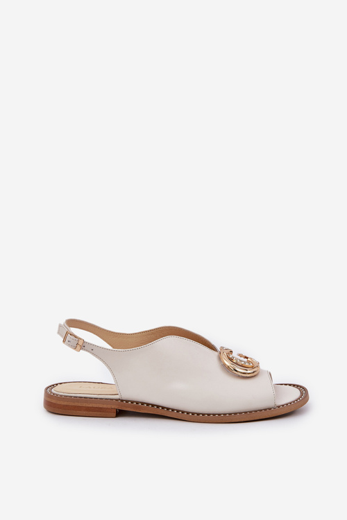 Leather Sandals On A Flat Heel With Decoration Light Beige Laura Messi 2865