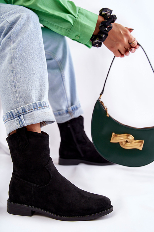 Botki Damskie Zamsz Płaski Obcas Czarne Fiorenz