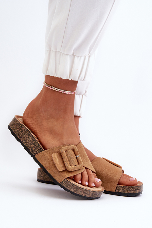 Klapki Eko Zamszowe Klamra Damskie Camel Laeltia XZ-001