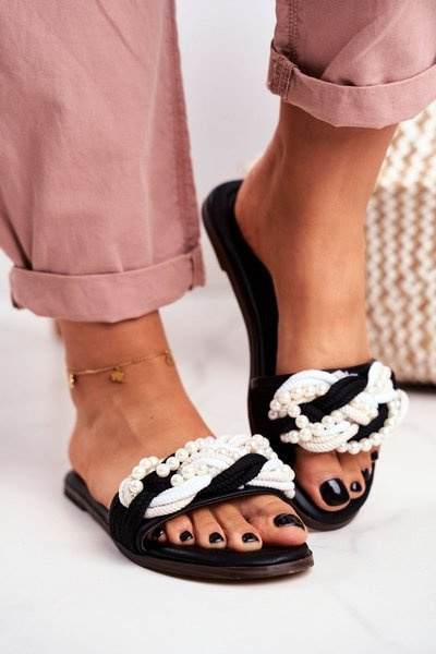 Women's Slides Lu Boo Black Pearls Braids Flora