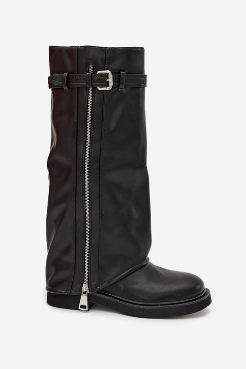 Women's Boots With Turned Cuff Buckle And Silver Zipper Lined Black Bressa