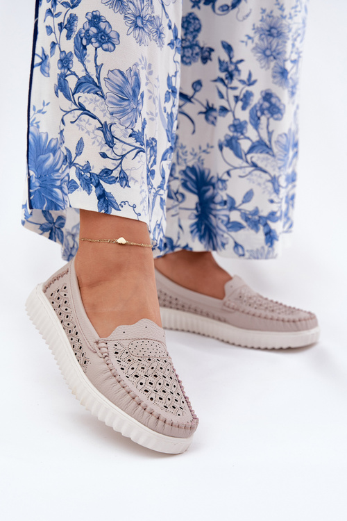 Leather Women's Moccasins With Openwork Pattern Vinceza 88028 Beige