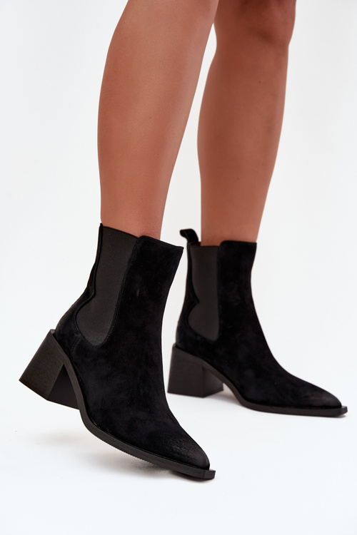 Damskie Botki Ocieplane Z Naturalnego Zamszu Obcas Słupek Czarne Artiker 57C0049