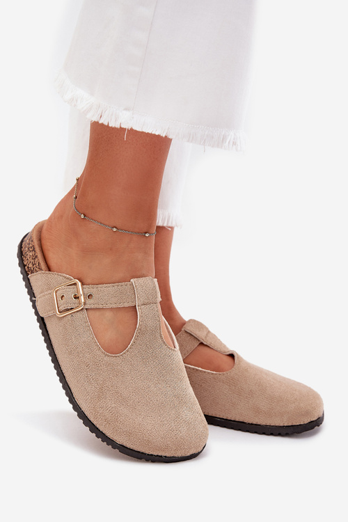 Women's Slides With Gold Buckle Beige Lirina