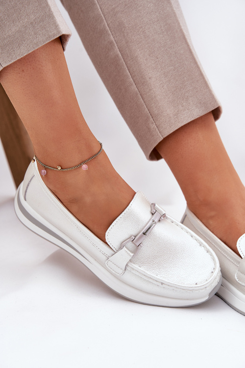 Leather Women's Moccasins With Decoration D&A LR51-966 Silver