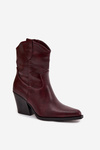 Damskie Botki Obcas Słupek Kowbojki Eko Skórzane Bordowe Sorelia