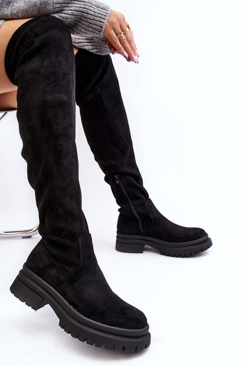 Women's Flat Heel Over-the-Knee Boots Black Silune