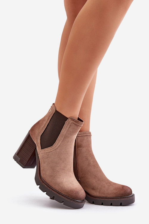 Warm Women's Heeled Boots Made of Eco Suede Beige Vinceza 58356