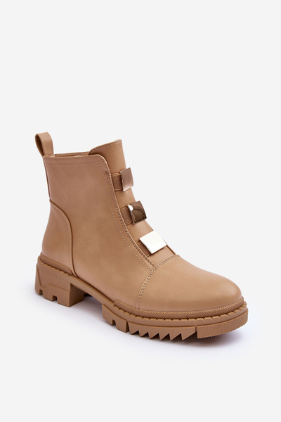 Leather Ankle Boots with Flat Heel Beige Azulenn