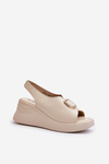 Leather Women's Wedge Sandals with Ornament Beige Salvania