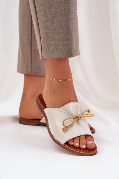 Leather Flat Elegant Slippers With Bow Lewski 3572 Worn Gold