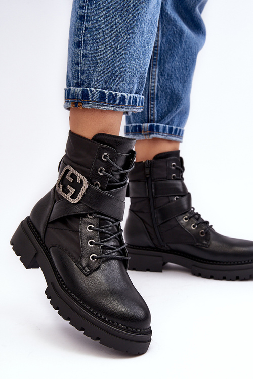 Gennee Leather Black Workery Boots with Chain