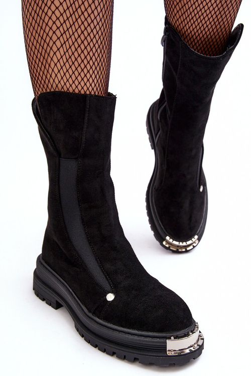 Suede Lined Flat Heeled Boots Black Palimra