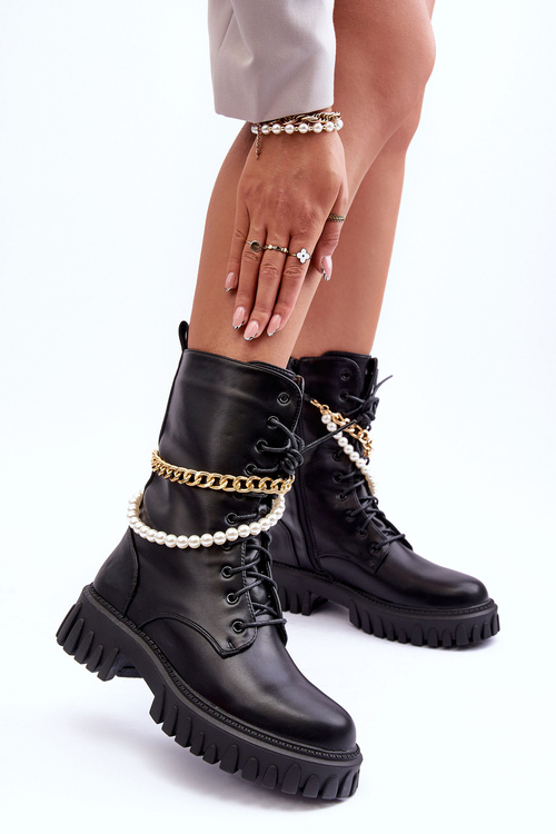 Leather High Boots With Chain Black Nameer