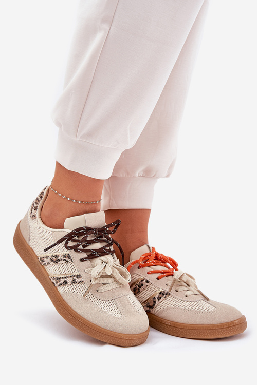 Women's Sneakers With Double Lacing Leopard Beige Ollabes