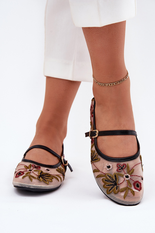 Ballet Flats With Embroidery And Strap Black Lilindraen