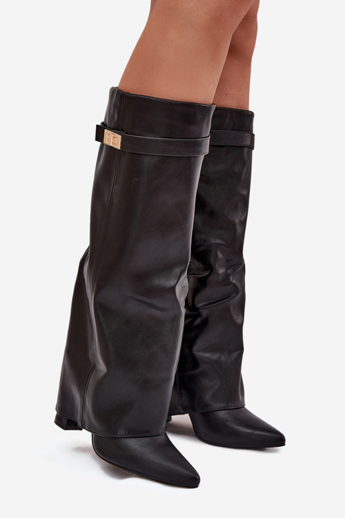 Women's Heeled Boots With Folded Shaft And Gold Detail Black Diorna