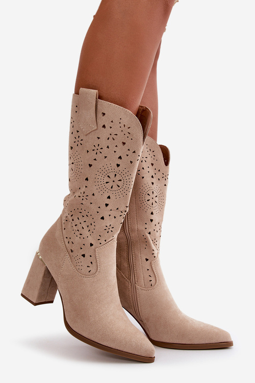 Botki Damskie Ażurowe Obcas Słupek Eko Zamsz Noski W Szpic Beżowe Nevithra
