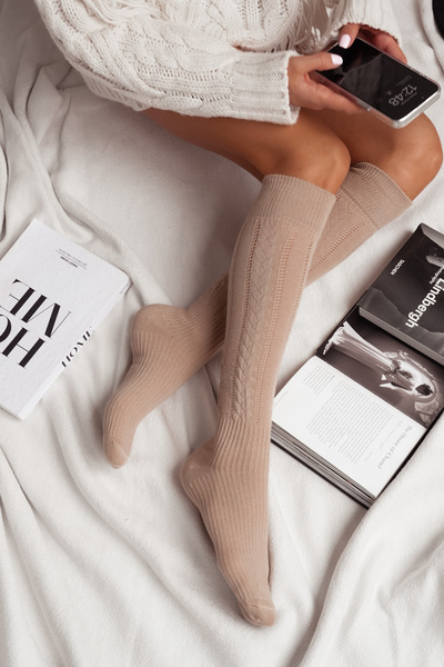 Damskie Podkolanówki Ażurowe Warkocz Beżowe