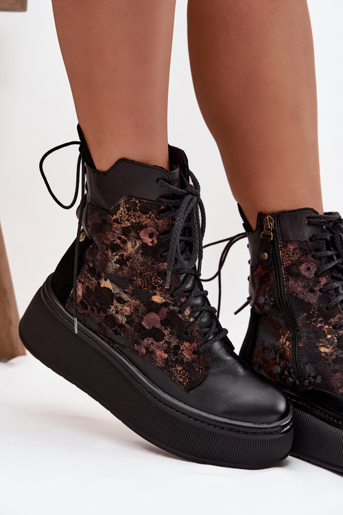 Leather Suede Ankle Boots On Platform Warm Black 06565-01