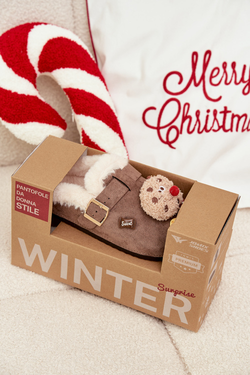Women's slippers with decorations and buckle lined with fur brown Thalora