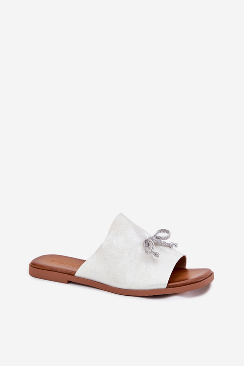 Damskie Klapki Eko Skórzane Płaskie Ozdobne Wiązanie Srebrne Norela